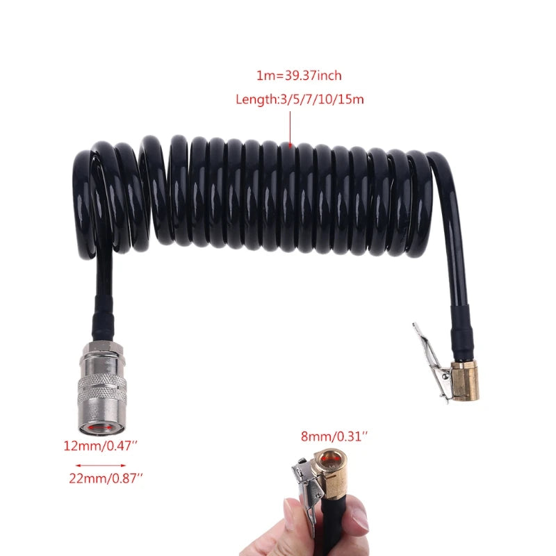 3/5/7/10/15m Recoil Flexible Air Hose Compressor Fitting Tire Inflatable Tube with Quick Air Chuck & fast connect female